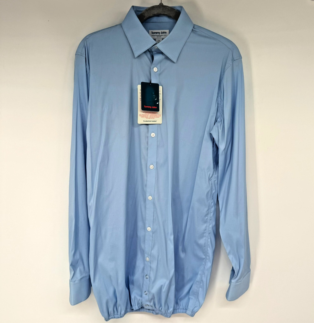 NWT Tommy John The Stay Tucked Dress Shirt Mens 16 34/35 Blue Stretch Slim Fit